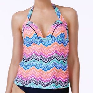 Multicolor Zig Zag V Neck Halter Tankini Top